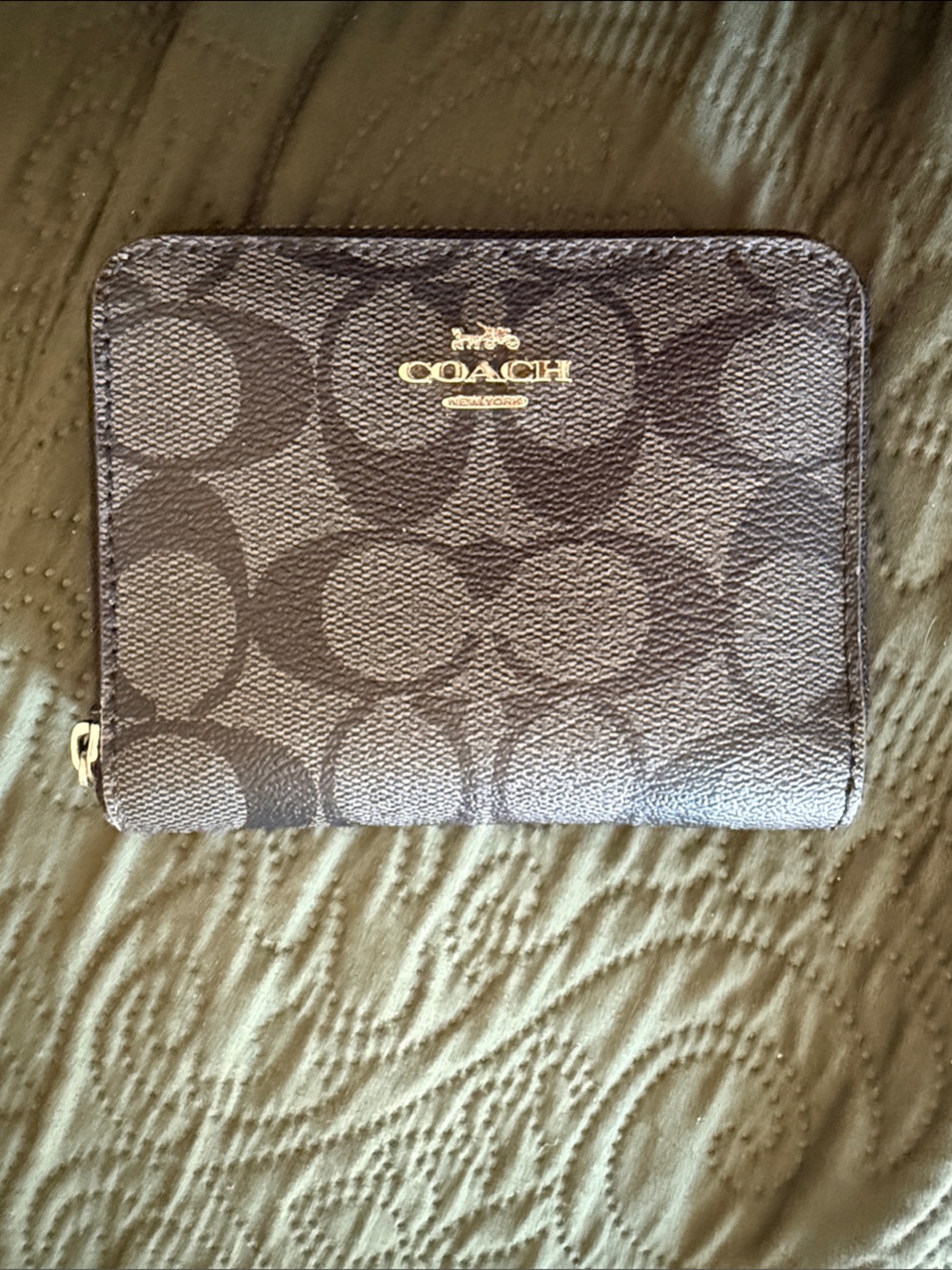Coach Grey and Black Signature Compact Card Holder Wallet with Gold Logo